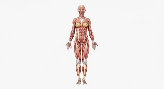 Female Muscular System Anatomy: A detailed scientific illustration of the complete muscular system of the female human body, isolated on a white background for medical and educational use.