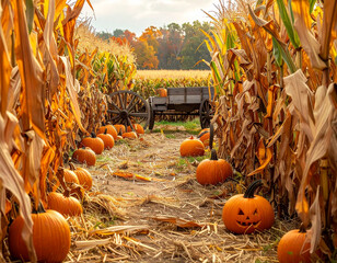 Autumn Corn Maze with Pumpkins - Farm Halloween Activity