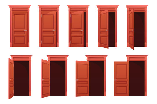 Open door animation vector illustration. Cartoon isolated sequence stages of brown wood closed, ajar and open doors, front view of entrance to building, home room or office with doorway and knob