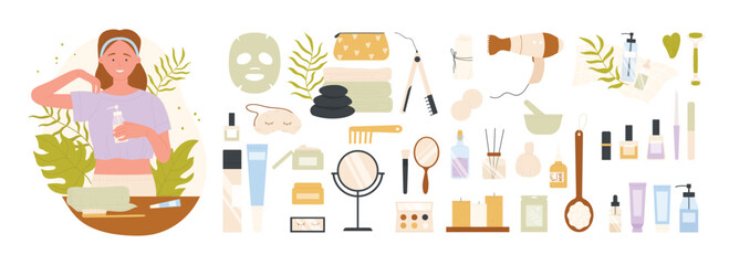 Eco friendly personal care, hygiene products and tools set vector illustration. Cartoon isolated woman holding cosmetic bottle for healthy skin routine, infographic skincare stickers for cleanliness