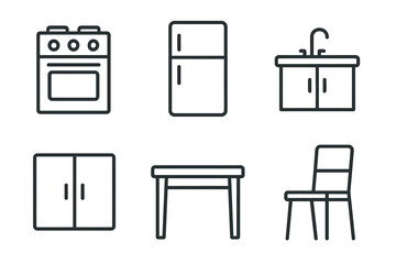 Minimalist kitchen appliances and furniture icons