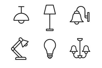 Set of minimalist lamp and lighting icons in black and white