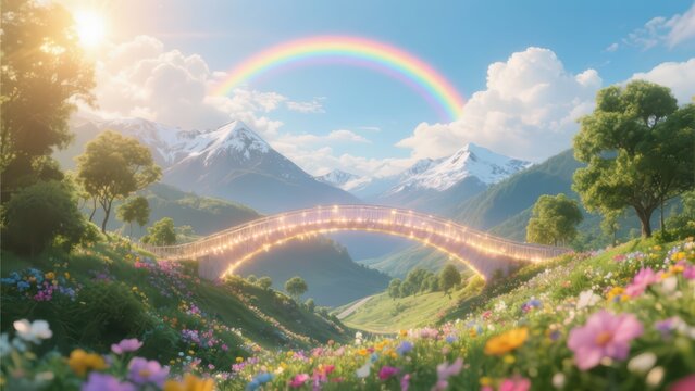 Bridge to Paradise: A magical, glowing rainbow bridge spans a valley in a majestic mountain landscape, creating an epic fantasy scene of a journey to a heavenly paradise.