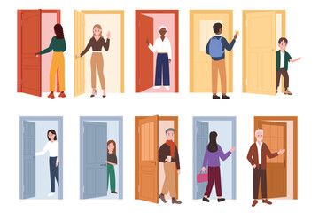 People opening doors set vector illustration. Cartoon isolated young and old male and female characters standing at open and closed doors of office or home, holding knock, entering or leaving building