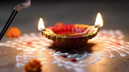 A traditional clay diya lamp with two flickering flames, illuminated by a lit incense stick, set against a decorative rangoli pattern with marigold flowers. - Powered by Adobe