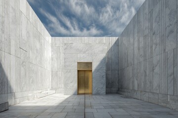 Modern architectural masterpiece with white marble walls dramatic sky and golden entrance.