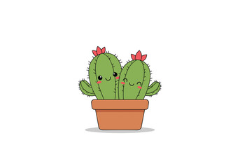 Two adorable cartoon cacti are happily sitting together in a brown flower pot