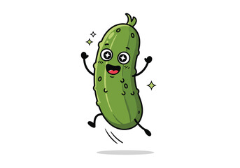 A joyful cartoon pickle character doing a fun jump celebration exuding happiness and merriment