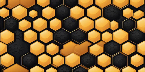 A glossy abstract honeycomb pattern of yellow and orange hexagons creates a seamless, geometric background