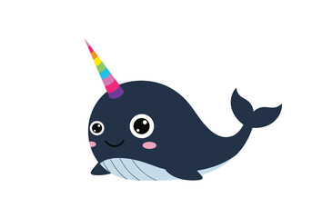 Adorable cartoon narwhal unicorn of the sea with rainbow horn and cheerful expression © Femke