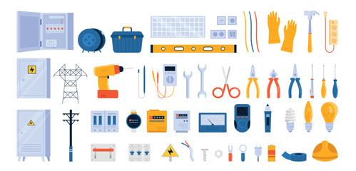 Electricity tools set vector controlillustration. Cartoon isolated electricians workers equipment collection for electric power system inspection, cable and safety gloves, plug and socket, light bulbs