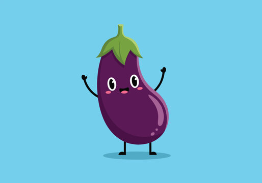Cute and animated purple eggplant character dancing with joy on a blue background