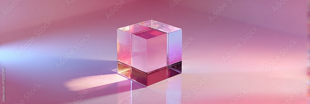 Poster luminous crystal cube displayed on gradient pink and violet background