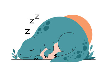 A cute sleeping dinosaur rests peacefully under a warm orange sunset illustration