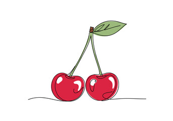 A vivid hand drawn artistic illustration of two juicy red cherries with a green stem and leaf on a white background