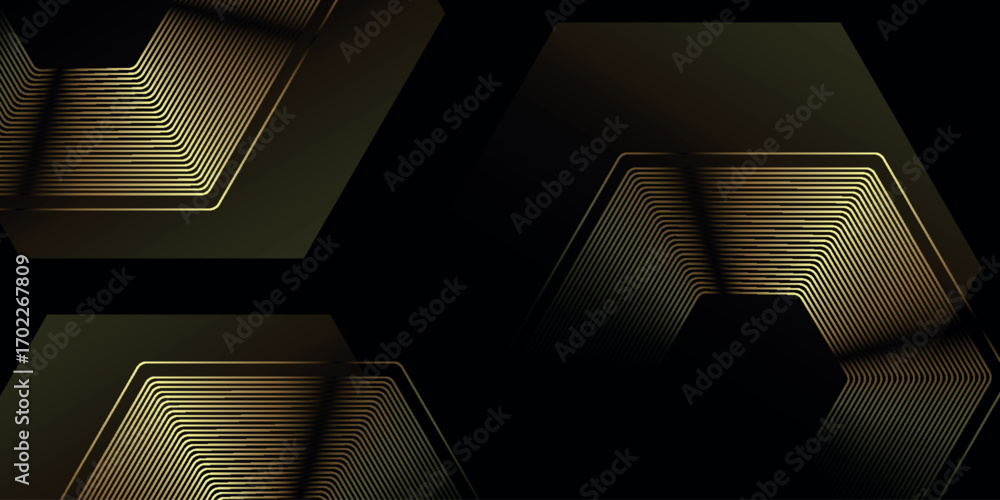 Poster black background with shiny and luxurious gold hexagonal lines. abstract background with premium ove