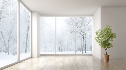 Bright Modern Interior with Winter Forest View and Potted Plant, Minimalist Design and Empty Space