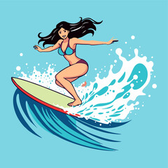 Woman surfing on ocean waves vector illustration