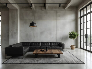 Modern industrial living room with a black sectional sofa, wooden coffee table, concrete walls, and large windows.
