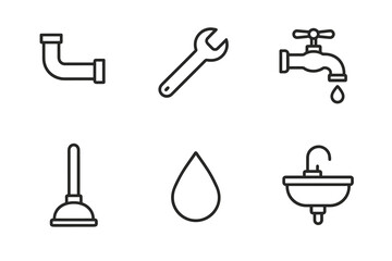 Fototapeta premium Plumbing tools and symbols: pipe, wrench, faucet, plunger, water drop, sink icons