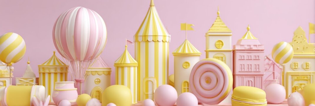 Candy Land Background Featuring Pastel Buildings and Hot Air Balloons