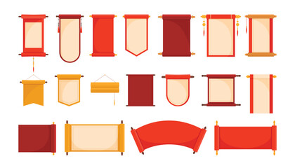 Old chinese scrolls set vector illustration. Cartoon isolated Asian ancient parchment rolls collection, golden and red royal paper letter, oriental book reels of different shapes for antique message