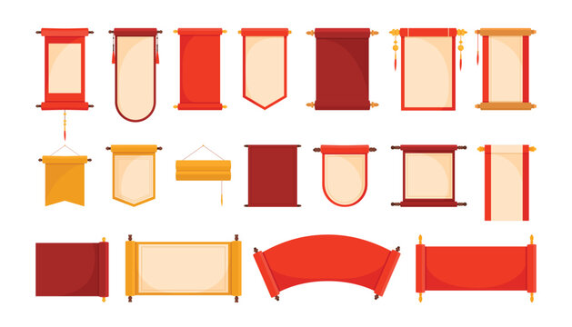 Old chinese scrolls set vector illustration. Cartoon isolated Asian ancient parchment rolls collection, golden and red royal paper letter, oriental book reels of different shapes for antique message