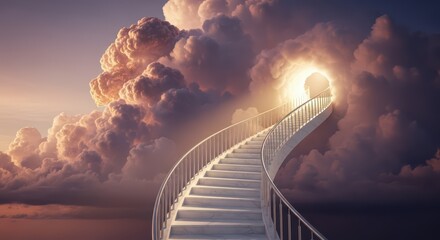 Fototapeta premium Stairway to Heaven: A majestic staircase made of clouds leads up to a divine light in the sky, symbolizing a spiritual journey, hope, success, faith, and the afterlife.