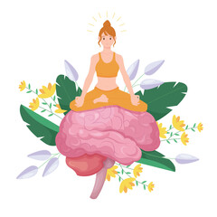 Mental health, wellbeing and spiritual healing of mind with meditation vector illustration. Cartoon tiny young girl sitting in yoga lotus pose on giant brain with blooming garden flowers and leaves