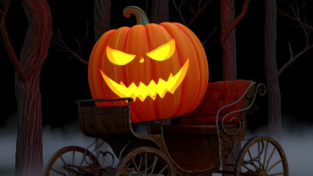 Glowing Jack-o'-lantern in antique carriage, dark forest setting; spooky Halloween 3D render.