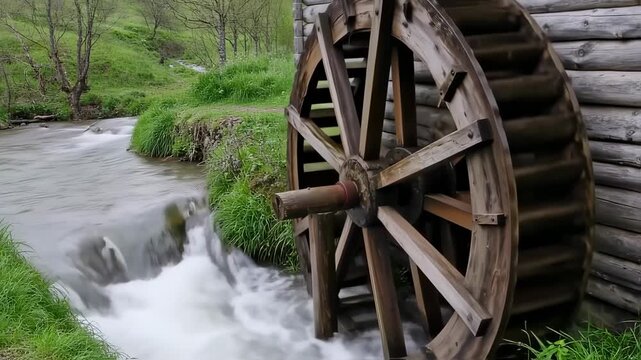 Rustic water wheel powered by a stream