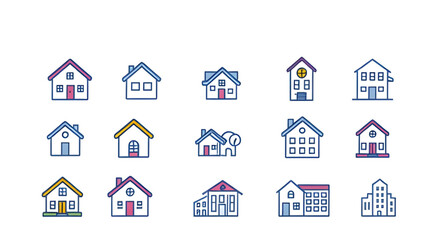 Fototapeta premium modern house icons, simple house silhouettes, cartoon house icons, real estate icon set, small house icons, family home icons, house outline set, black house icons, flat design house icons, suburban h