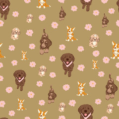 Seamless Puppy Dog Pattern Cute Labrador Corgi and Cocker Spaniel Vector Illustration