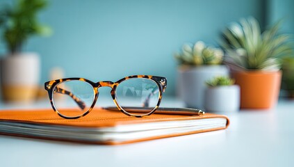 Stylish tortoiseshell glasses placed on an orange notebook with potted plants.