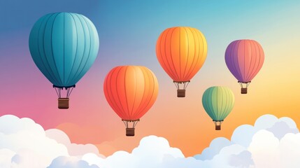 Obraz premium Colorful hot air balloons floating above clouds in a vibrant sunset sky