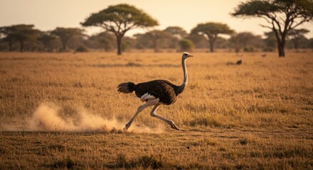 Fototapeta premium Ostrich running through dry grass with dust kicking up