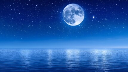 A serene seascape unfolds under a vast, star-studded night sky, featuring a brilliant moon reflecting on the calm ocean surface.