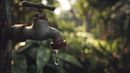 Natural spring outdoor dripping old water faucet tap. Tap blur water saving. Water save, water flowing tap. Plumb water stress outdoor faucet. Outdoor leaking, dripping faucet