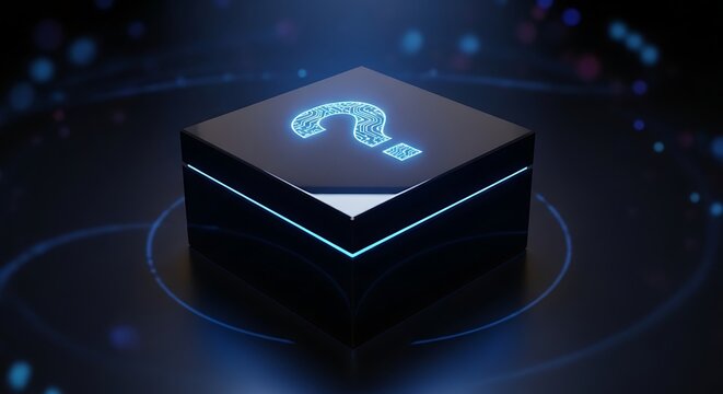 Illuminated Question Mark on a Dark Cube - A Conceptual Mystery.