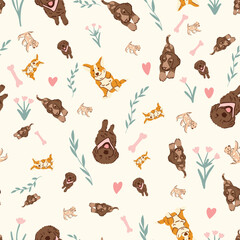 Seamless Puppy Dog Pattern Cute Labrador Corgi and Cocker Spaniel Vector Illustration