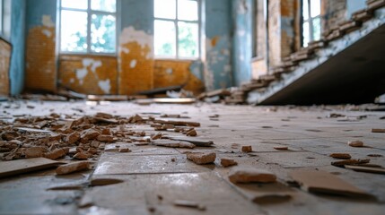 Crumbling floor with scattered debris in dark tones inside a forgotten building.
