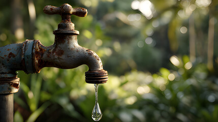 Natural spring outdoor dripping old water faucet tap. Tap blur water saving. Water save, water flowing tap. Plumb water stress outdoor faucet. Outdoor leaking, dripping faucet