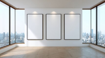 Obraz premium Modern Gallery Interior with Three Blank Frames for Art Mockups and City View Background