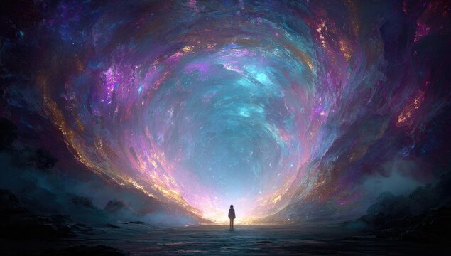 Silhouette figure facing a vast swirling cosmic nebula portal.