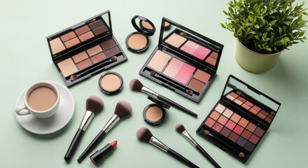 Overhead shot of makeup palettes, brushes, and a cup of coffee arranged on a light green surface, creating a beauty and lifestyle scene