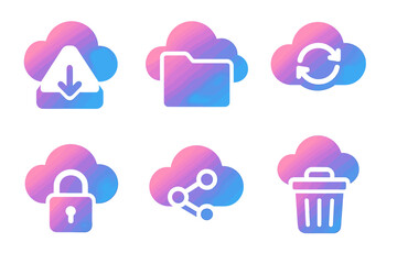 Cloud computing icons: download, folder, sync, lock, share, delete