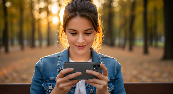 Woman Using Smartphone in Autumn Park at Sunset