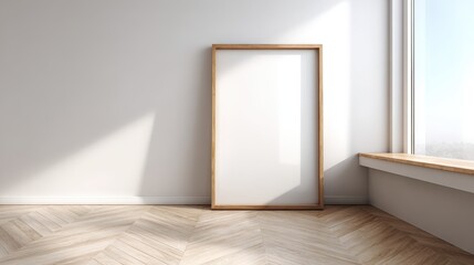 Minimalist Interior with Empty Frame, Wooden Floor, and Natural Light for Mockup Display