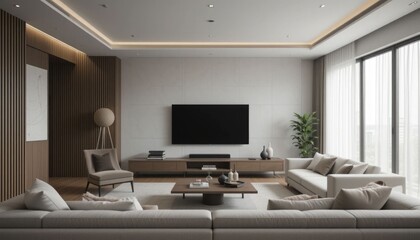 Designing a sleek, neutral, and comfortable minimalist television room for relaxing