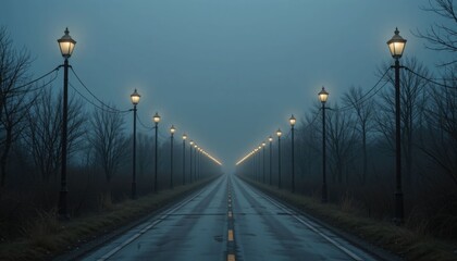 A string of lamps illuminates a long, damp road that extends into the distance.  The road is flanked by bare trees, which give the area a gloomy and unsettling feel.